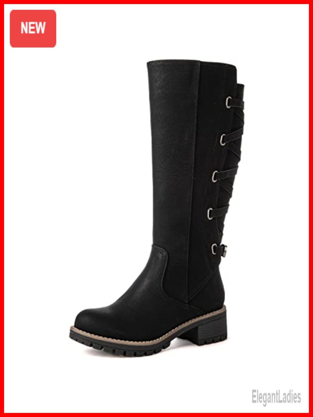 Faux Leather Knee High Motorcycle Riding Boots Strappy Low Heel
